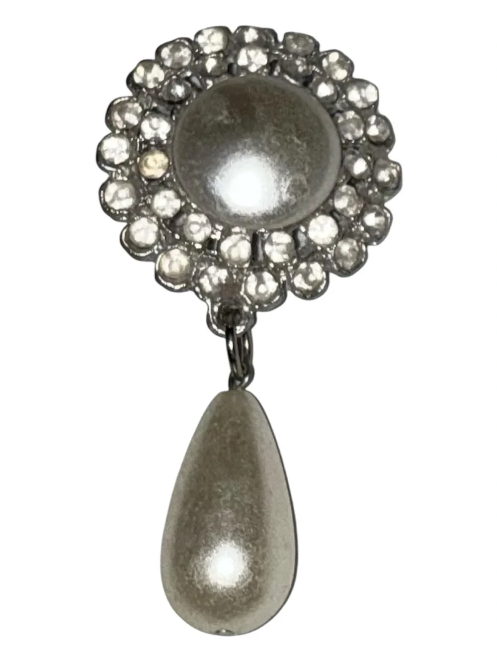 1980’s Vintage Brooch Silver Tone Faux Pearl Rhinestone Dangle Wedding Formal